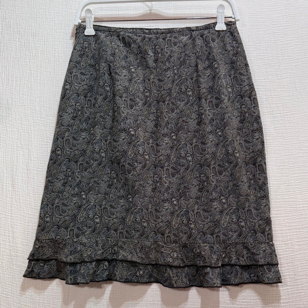 INC International Concepts Silk Paisley Skirt Womens 10 Black Ruffle Hem Preppy - Picture 2 of 8